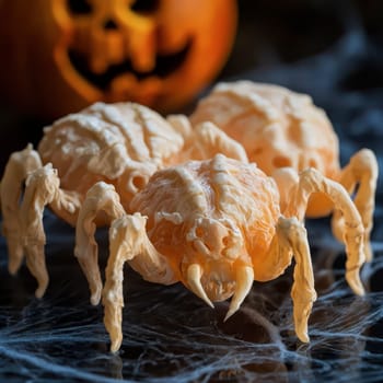 A detailed spider decoration crafted from orange material rests on spiderweb. Behind it, a carved pumpkin with a spooky face adds to the Halloween atmosphere.