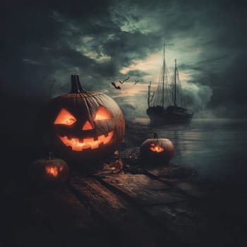 Carved pumpkins with eerie faces sit along the shore, illuminated from within. A mysterious ship looms in the dark waters, with bats flying above under a cloudy night sky.