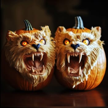 Two creatively carved pumpkins resembling ferocious lions with glowing eyes are showcased, adding a playful yet eerie touch to autumn celebrations.