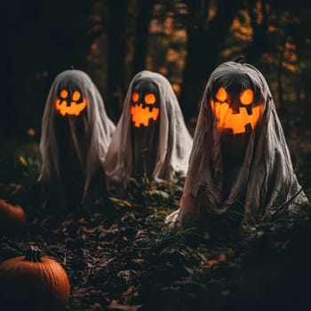 Three ghostly figures appear in a dark forest, each adorned with a pumpkin head carved with glowing faces. Fallen leaves and pumpkins surround them, enhancing the eerie atmosphere.