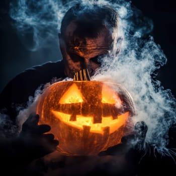 A figure stands in a dimly lit space, cradling a glowing, carved pumpkin. The atmosphere is enhanced by swirling smoke, creating a spooky Halloween vibe.