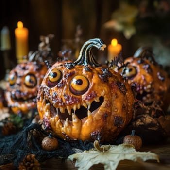 Three uniquely carved pumpkins sit on a table, showcasing frightening features like bulging eyes and sharp teeth, surrounded by flickering candles and autumn leaves for a haunted atmosphere.