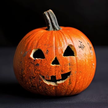 A bright orange pumpkin is carved with a smiling face, featuring two triangular eyes and a wide grin. It stands against a dark background, highlighting Halloween festivities and traditions.