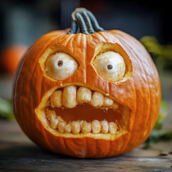 A uniquely carved pumpkin displays an exaggerated, shocked expression with large eyes and a gaping mouth. This festive decoration captures the spirit of Halloween perfectly.