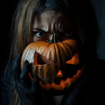 A person with intense eyes holds a carved pumpkin close to their face, showcasing a grinning, spooky expression, while surrounded by dark shadows that enhance the eerie atmosphere.