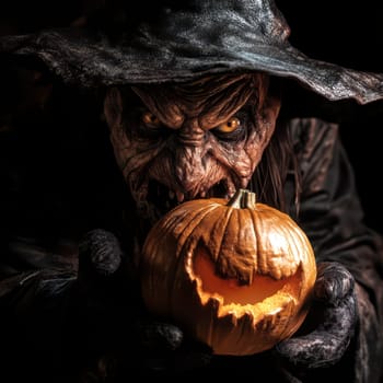 A sinister witch with sharp features and claw-like hands presents a carved pumpkin with a menacing grin. The atmosphere is dark and eerie, capturing the essence of Halloween night.