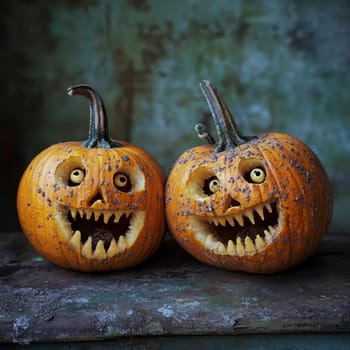 Two uniquely carved pumpkins display playful, spooky faces, complete with jagged teeth and distinct features. The festive decorations add a cheerful vibe, perfect for Halloween celebrations.