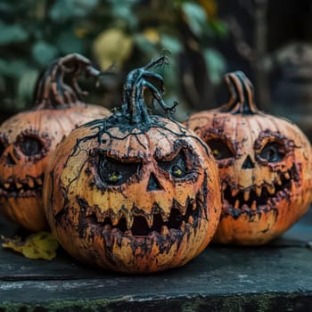 Three intricately carved pumpkins with menacing expressions sit on a stone surface surrounded by autumn leaves, capturing a chilling Halloween atmosphere in the crisp air.