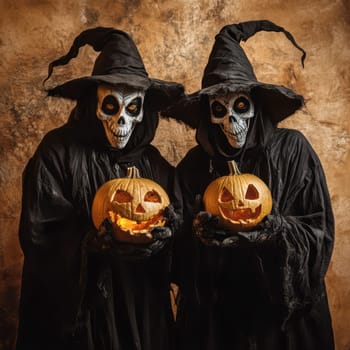 Two figures dressed as witches hold jack-o-lanterns in front of a textured backdrop. Their skull-like masks create an eerie atmosphere, perfect for a Halloween celebration.