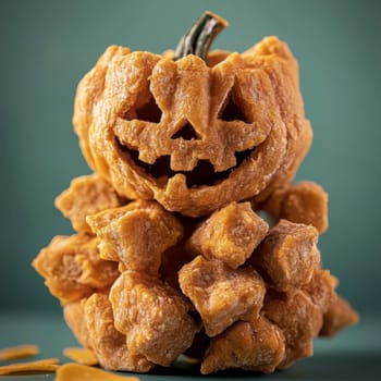 A carved pumpkin features a cheerful face, sitting atop a pile of golden-brown, deep-fried snacks. The festive arrangement captures the spirit of Halloween celebrations and indulgence.