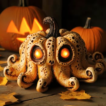 An artistic pumpkin carved to resemble an octopus, featuring glowing eyes and intricate details, surrounded by fallen leaves and traditional jack-o-lanterns.
