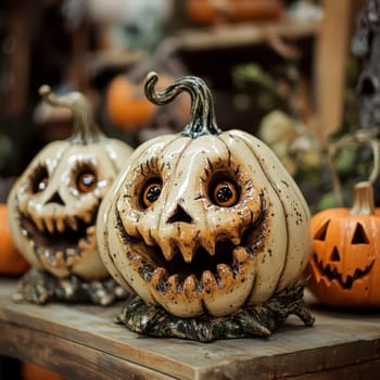 Two intricately carved pumpkins with eerie faces sit on a rustic wooden table, surrounded by various other Halloween decorations, creating a spooky yet festive atmosphere.