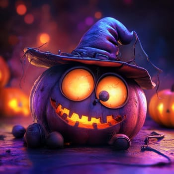 A playful pumpkin with a wide grin and glowing eyes sits on the ground surrounded by other carved pumpkins. The atmosphere is festive, infused with Halloween colors and decorations.
