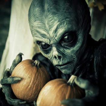 A mysterious alien figure cradles two pumpkins, capturing the essence of Halloween. The creatures eerie expression contrasts with the festive autumn setting, creating an intriguing atmosphere.