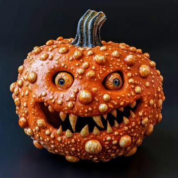 A creatively carved pumpkin sits against a dark background, showcasing its unique bumpy texture and a mischievous grin with sharp teeth, perfect for Halloween decorations.