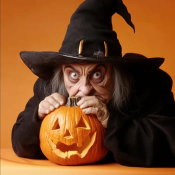 A witch with striking eyes leans over a carved pumpkin, showcasing its spooky face. The warm orange backdrop enhances the Halloween spirit, set against the witchs dark attire.