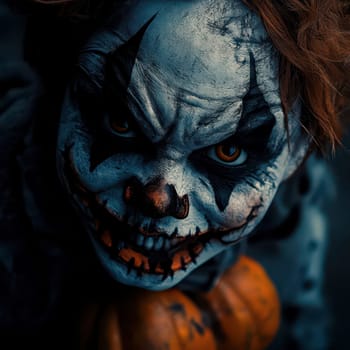 A terrifying clown with intricate makeup and a sinister expression looms over a carved pumpkin. The dark background enhances the eerie atmosphere, perfect for Halloween.