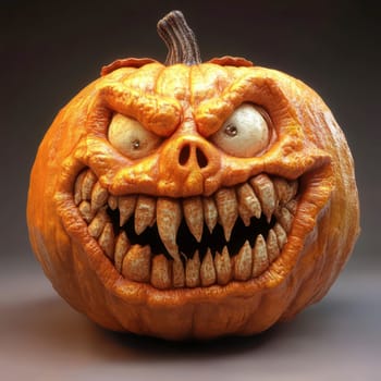 A menacing carved pumpkin displays a grotesque face with sharp teeth and glaring eyes. This Halloween decoration captures attention with its sinister expression and detailed craftsmanship.