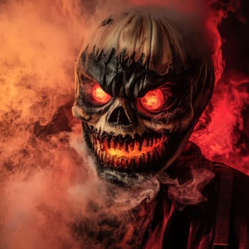 A terrifying skull mask with glowing eyes and menacing features appears amidst swirling fog, creating an eerie atmosphere perfect for Halloween festivities and spooky events.