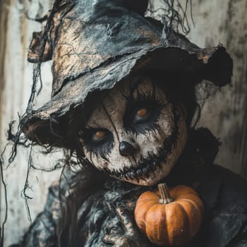 A doll with a sinister expression wears a tattered witch hat and grips a small pumpkin. The background, aged and rustic, adds to the eerie atmosphere perfect for Halloween.