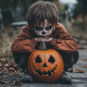 A young child with painted face sits on the ground, staring down at a carved pumpkin. The autumn atmosphere adds a chilling mood to the Halloween celebration.