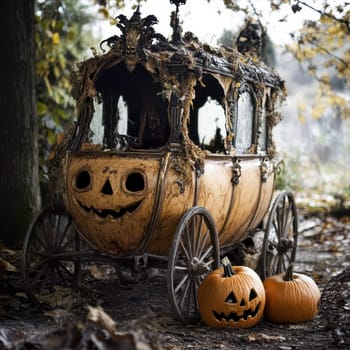 A whimsical pumpkin carriage sits beneath rustling leaves, surrounded by carved pumpkins with spooky faces. The eerie atmosphere captures the essence of Halloween festivities in nature.