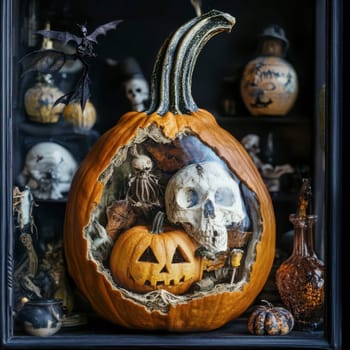 A carved pumpkin reveals a chilling scene with a skull, smaller pumpkin, and various spooky decorations, set against a backdrop of autumn-themed objects and Halloween props.