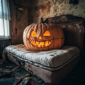 A large, carved pumpkin with a mischievous grin glows softly in an eerie, abandoned room. Dusty furniture and forlorn decor create a haunting atmosphere, enhancing the Halloween spirit.