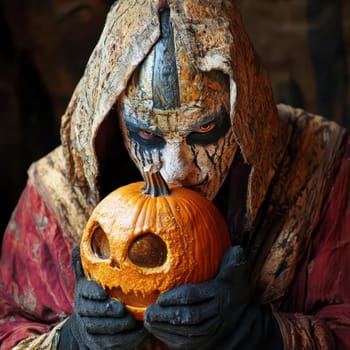 A cloaked individual with face paint and eerie attire holds a carved pumpkin, showcasing an intense expression as dusk approaches and Halloween festivities begin.