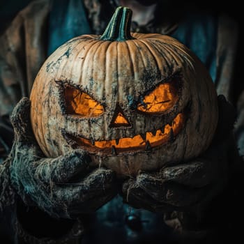 A weathered pumpkin with a menacing grin is illuminated from within, held by a figure with tattered clothing, creating an eerie atmosphere perfect for Halloween celebrations.