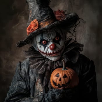 A frightening clown with exaggerated facial features and a tattered outfit stands in a dark space, clutching a jack-o-lantern. The eerie atmosphere enhances the Halloween theme.