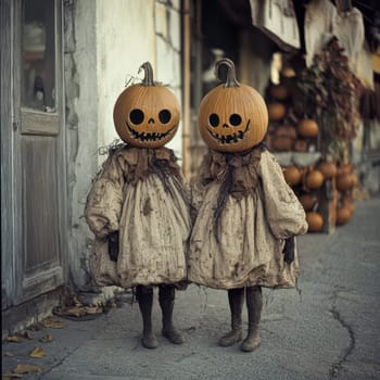 Two children dressed in tattered dresses wear carved pumpkin heads, smiling mischievously. They stand outside a rustic building adorned with autumn decorations, creating a whimsical atmosphere.