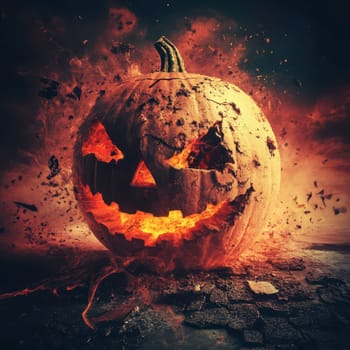 A carved pumpkin with a sinister grin erupts in flames against a backdrop of chaos. The glowing orange light contrasts sharply with the dark, ominous surroundings typical of Halloween.
