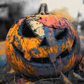 A weathered and colorful jack-o-lantern rests in a grassy area, showcasing a classic spooky expression as the autumn leaves surround it under a moody sky.