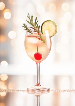 The image features a close-up of a festive beverage in a transparent glass, meticulously garnished and set against a warmly lit, sparkling background