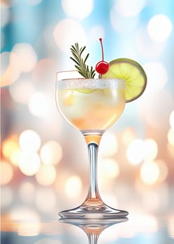 The image features a close-up of a festive beverage in a transparent glass, meticulously garnished and set against a warmly lit, sparkling background