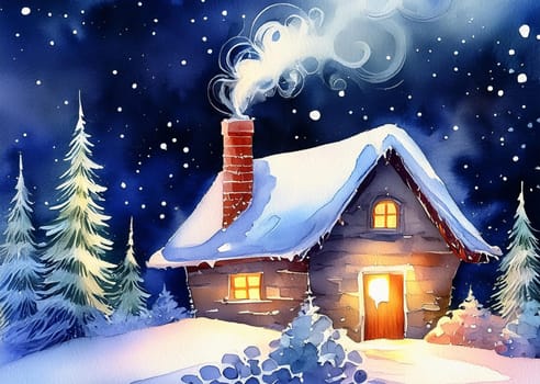 Cute cottage during the winter with swirling smoke coming out of the chimney  night landscape as watercolor painting