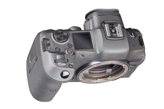 black 2020s professional 35mm full-frame mirrorless camera body with flip screen isolated on white background.