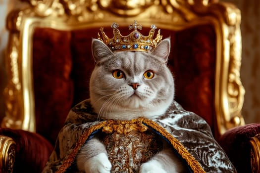 Cat king sitting on throne. Cat wearing royal mantle and crown looking at camera. AI generated