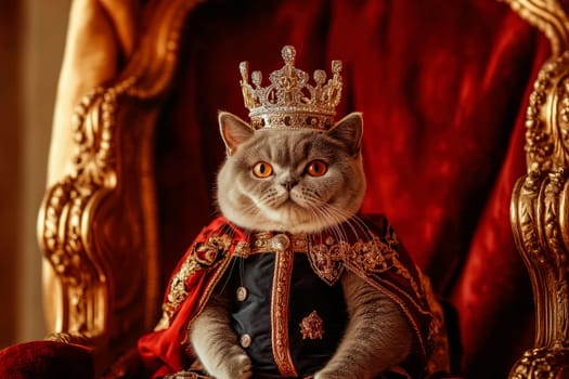 Cat king sitting on throne. Cat wearing royal mantle and crown looking at camera. AI generated