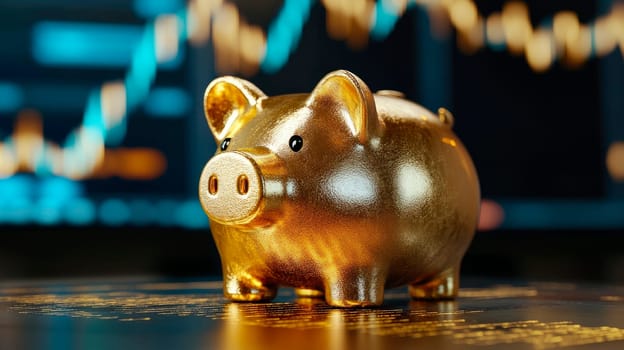 The concept of financial saving and investing. Golden piggy bank with  trading graph background. AI generated