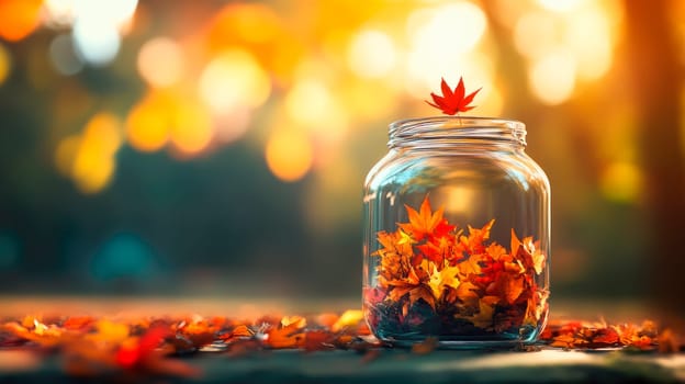 Autumn composition with clear glass jar and autumn leaves. Hello autumn, cozy autumn, autumn mood. AI generated