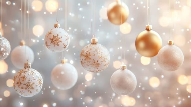 A delicate and fairy Christmas composition. Hanging white and golden Christmas baubles. AI generated