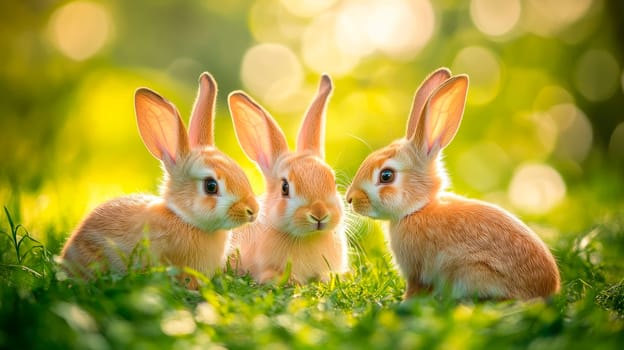 Three cute rabbits sitting in the green meadow and  morning sunlight shining on them.  AI generated