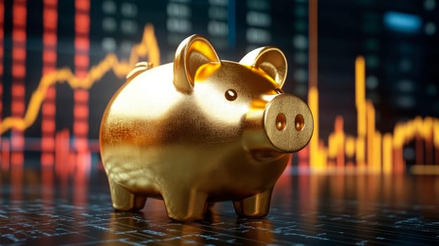 The concept of financial saving and investing. Golden piggy bank with  trading graph background. AI generated