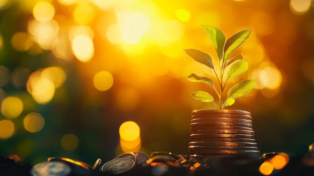 A seedling growing on a pile of coins symbolizing sustainable investment. Money saving  and economic growth. AI generated