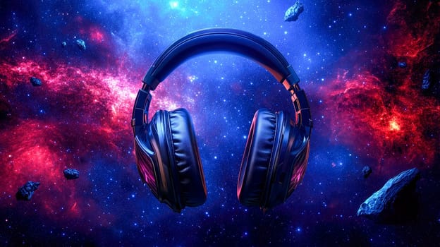 Gaming headphones on a cosmic background, with space elements floating around. AI generated