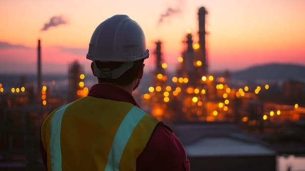 Rear view on worker overseeing a petrochemical plant at dusk. Industrial management and engineering concept. AI generated