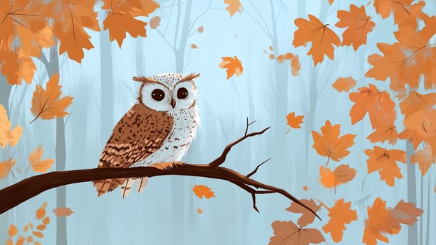 Owl sitting on a tree branch in the autumn forest, fall season with colorful foliage, animal cartoon illustration for children, fairy tale