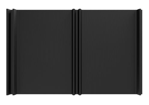 Sleek retro roof panel with standing seam and fasteners. Modern galvanized steel roofing sheet with ribs isolated on white background. Classic style black metal panel with rebate joint. Falz roofing